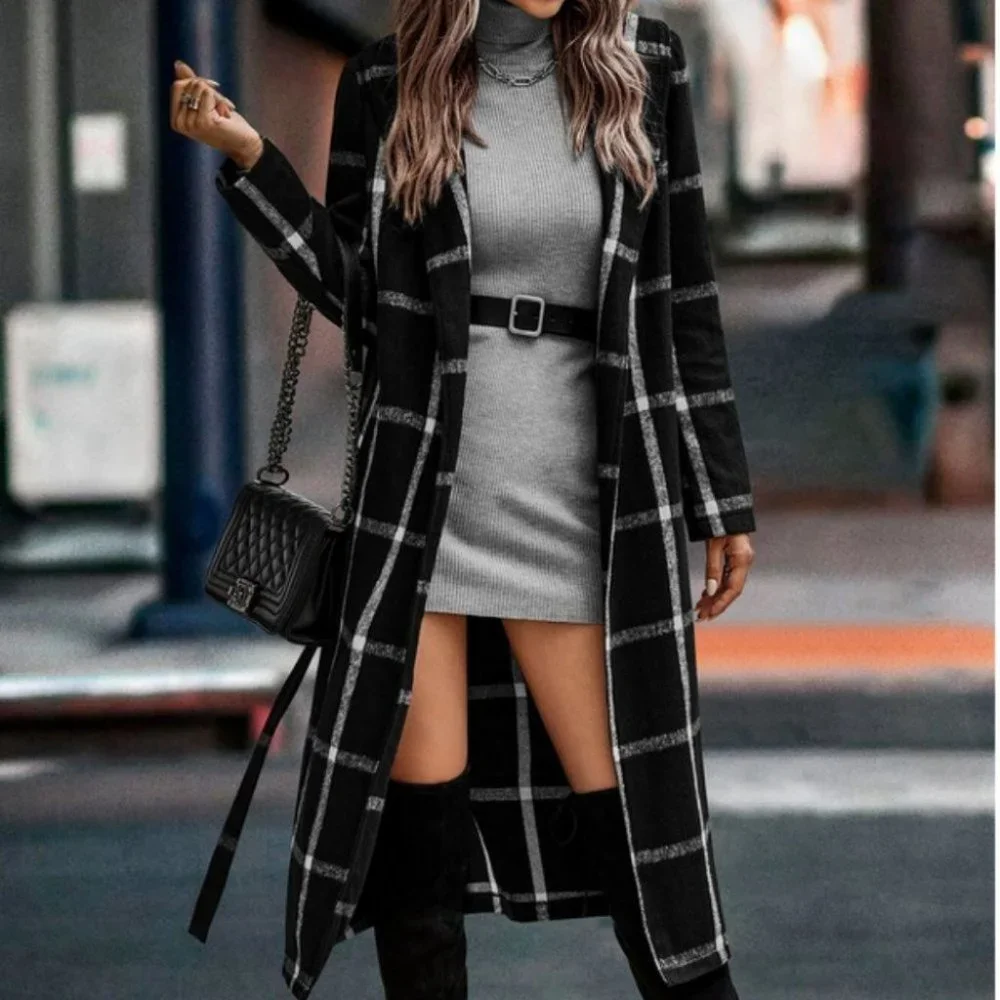 black and white plaid print belted trench coat fall winter chic classy - Picture 3 of 4